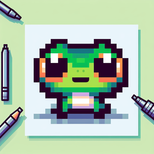 pixelated 8-bit cute jumping frog seen from the front.
Single Game Texture. In-Game asset. 2d. Blank background. High contrast. No shadows.