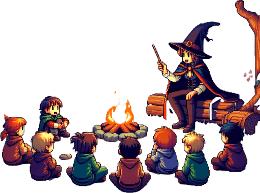 A campfire setting with a teacher and kids sitting down. Everyone dressed as wizards. I want the art style to reflect a classic 16-bit retro pixel art aesthetic, reminiscent of early 1990s RPGs with vibrant colors. The environment should have a rich, fantasy-themed design with intricate backgrounds and a nostalgic, old-school feel..
Single Game Texture. In-Game asset. 2d. Blank background. High contrast. No shadows.