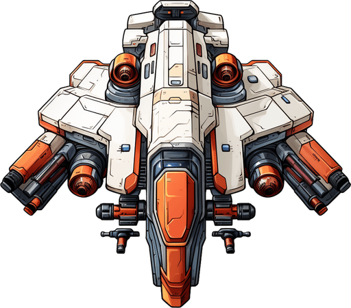 Stylish hero spaceship facing upwards, with a single cannon in the center.
Single Game Texture. In-Game asset. 2d. Pixelart. White background. Blank background. Low detail. High contrast.