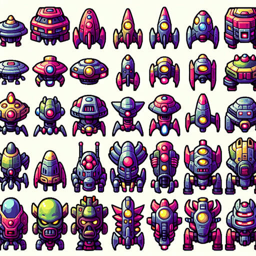 Sprite sheet of different Enemy spaceship, alien looking. Vibrant colors. Cartoon feeling. 4x4 sprite sheet..
Single Game Texture. In-Game asset. 2d. Blank background. High contrast. No shadows.