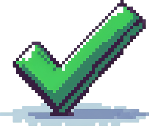 pixel art of a green checkmark.
Single Game Texture. In-Game asset. 2d. Blank background. High contrast. No shadows.