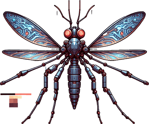 The robotic mosquito is a marvel of miniature engineering, its metallic body gleaming in the light. Its two transparent wings, adorned with intricate circuitry patterns, buzz rhythmically as it hovers and darts through the air. Six delicate legs, tipped with sharp points, enable it to perch on surfaces with remarkable precision. A pair of long, segmented antennae, their tips glowing faintly, twitch and sense the environment. Two glowing eyes, either red or blue, emit an eerie light as they scan the surroundings. However, this mechanical menace can also be crushed, its once pristine form reduced to a mangled mess of dented metal, broken wings, and exposed wires. Sparks might fly from its damaged innards, and its once bright eyes may flicker and fade. This sprite sheet captures both the living and destroyed states of the robotic mosquito, showcasing its intricate details and the grim aftermath of its demise..
Single Game Texture. In-Game asset. 2d. Blank background. High contrast. No shadows.