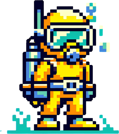 8-bit. cartoon. scubadiver. yellow. oldschool..
Single Game Texture. In-Game asset. 2d. Blank background. High contrast. No shadows.