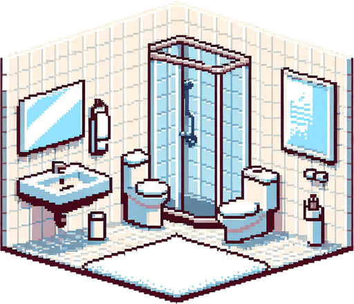 minimalist bathroom. pixelated. 8-bit.
Single Game Texture. In-Game asset. 2d. Blank background. High contrast. No shadows.