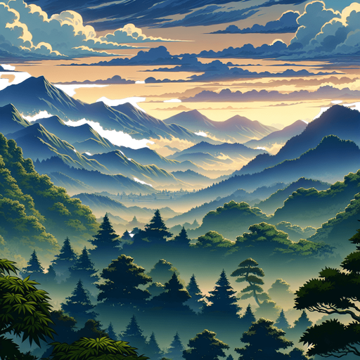 a japanees ninja game landscape background with montains far.