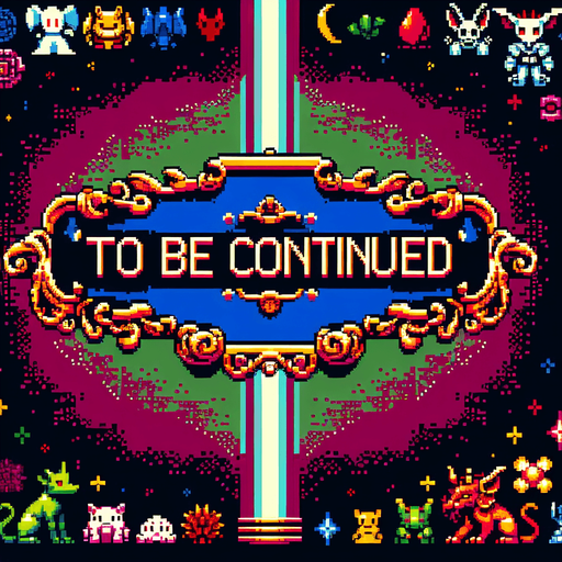 text that says 'To Be Continued', front facing, I want the art style to reflect a classic 16-bit retro pixel art aesthetic, reminiscent of early 1990s RPGs with vibrant colors.
Single Game Texture. In-Game asset. 2d. Blank background. High contrast. No shadows.