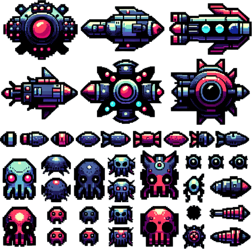 Sprite sheet of different Enemy Boss spaceship, alien looking. Vibrant colors. Cartoon feeling. 4 sprites per sprite sheet.
Single Game Texture. In-Game asset. 2d. Blank background. High contrast. No shadows.