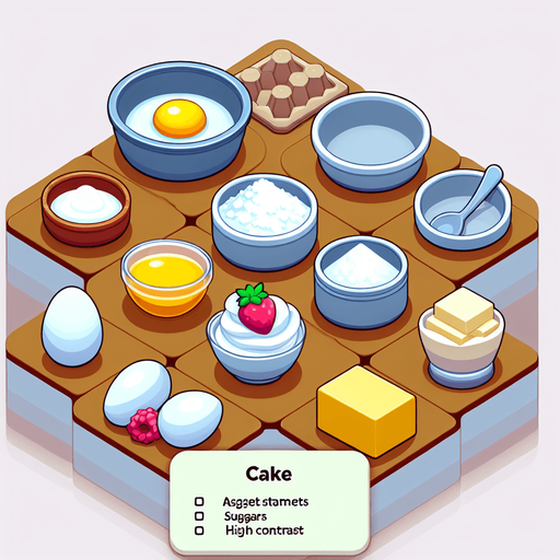 Cake ingredients.
Single Game Texture. In-Game asset. 2d. Blank background. High contrast. No shadows.