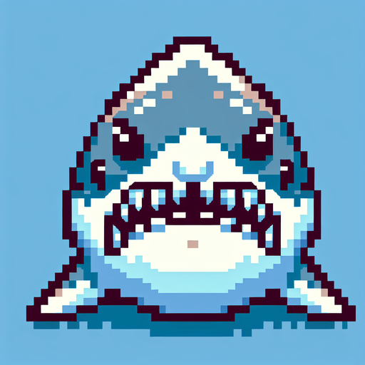 8 bit. cartoon. shark. ingame asset. seen from the front. open mouth. Single Game Texture. In-Game asset. 2d. Blank background. High contrast. No shadows.