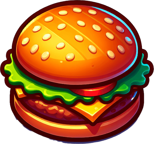 tasty burger.
Single Game Texture. In-Game asset. 2d. Blank background. High contrast. No shadows.