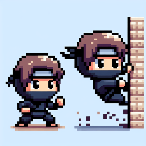 8-bit pixelated chibi ninja character sprite sheet with two simple, exaggerated action poses: one in mid-jump, with a small, round body and oversized head, arms and legs slightly bent in a cute, chibi-like leap. The second pose should emphasize the chibi ninja sliding down a wall: his body is pressed close to the wall with one hand extended upward, gripping or bracing against the wall. His feet should be pressed against the wall as he slides down, while his face is turned in the opposite direction, giving the impression he's scanning for threats or preparing to leap. The design should maintain the playful chibi proportions, with a dark, minimalistic outfit and a simple headband, all within a retro 8-bit pixel aesthetic and a limited color palette..
Single Game Texture. In-Game asset. 2d. Blank background. High contrast. No shadows.