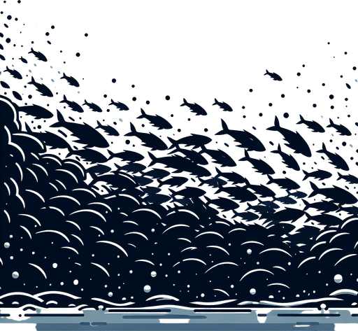 Create a cartoon-style illustration of a dark silhouette of a shoal of fish, side profile..
Single Game Texture. In-Game asset. 2d. Blank background. High contrast. No shadows.