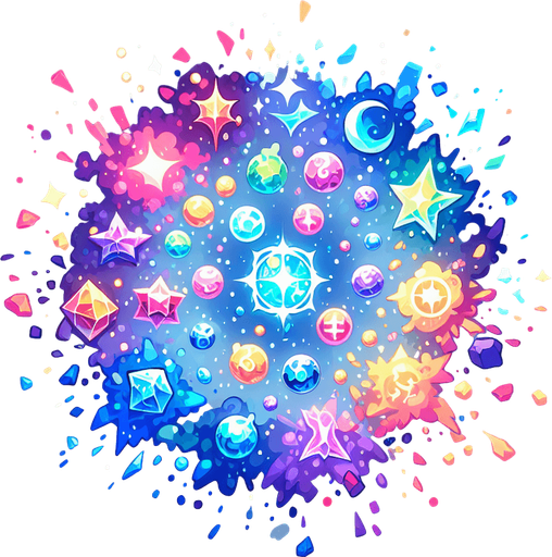 Magical elemental confetti.
Single Game Texture. In-Game asset. 2d. Blank background. High contrast. No shadows.