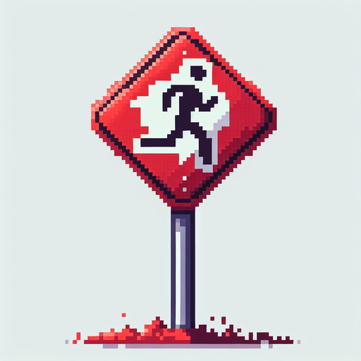 pixel art of a tall, red road sign showing someone running.
game asset, 2d, white background, shadowless.