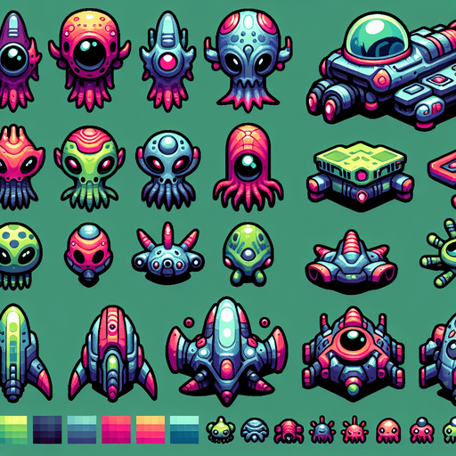 Sprite sheet of different Enemy Boss spaceship, alien looking. Vibrant colors. Cartoon feeling. 4 sprites per sprite sheet.
Single Game Texture. In-Game asset. 2d. Blank background. High contrast. No shadows.