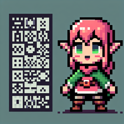 Pixel art of a cute elf.
Single Game Texture. In-Game asset. 2d. Blank background. High contrast. No shadows.