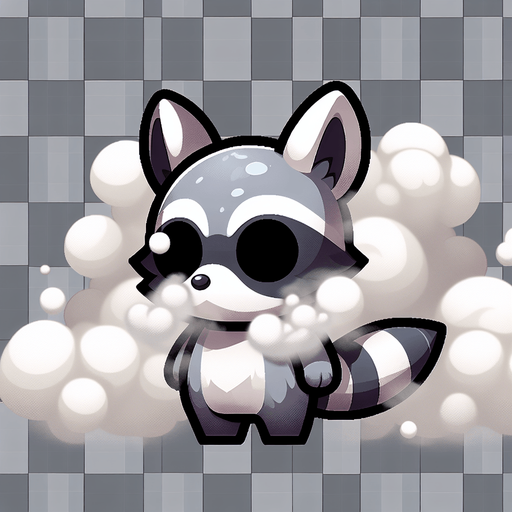 Raccoon Chibi character covered in smoke full bodied transparent background Single Game Texture. In-Game asset. 2d. Blank background. High contrast. No shadows.