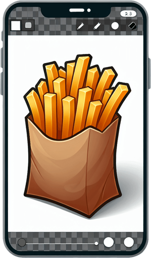 Create a cartoon-style illustration of fries in a brown bag. The goal is to capture a lively and playful object. Front perspective.
Single Game Texture. In-Game asset. 2d. Blank background. High contrast. No shadows.