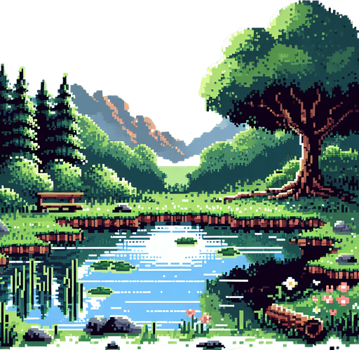 background of a pond in the middle of the nature. pixelated 8-bit.
Single Game Texture. In-Game asset. 2d. Blank background. High contrast. No shadows.