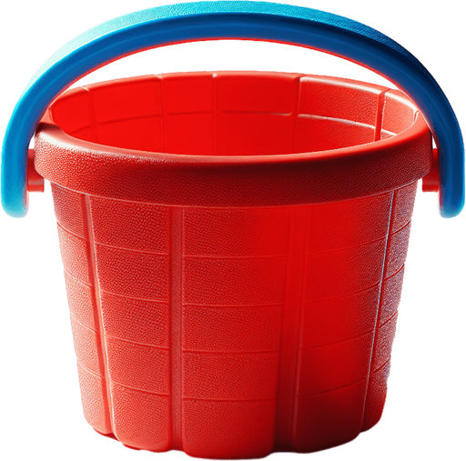 face view of a red beach bucket with a blue handle..
photo