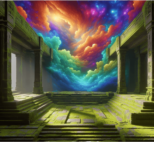 Mossy green ancient temple ruins interior surrounded by colorful galactic clouds..
Single Game Texture. In-Game asset. 2d. Blank background. High contrast. No shadows.