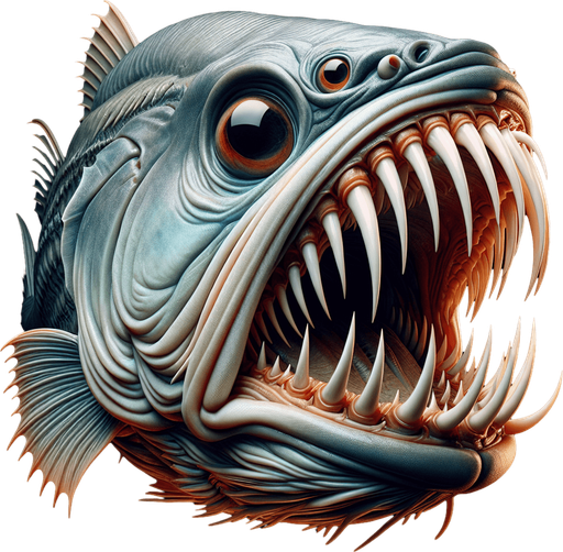 Classic fish with fangs mouth closed lateral view..
2024 game style. Photorealistic. Full side view.