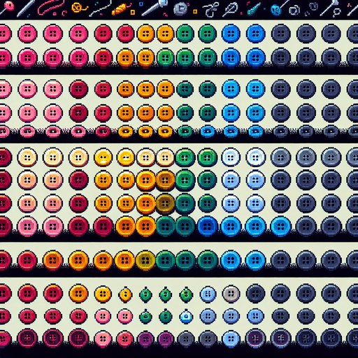 Create a sprite sheet featuring various sewing buttons. Each button should be distinct, with a cohesive color scheme containing a wide range of rainbow colors. The style should be detailed pixel art, reminiscent of classic 8-bit era video game. Arrange the components on a dark background, with each part neatly aligned in rows and columns for easy identification and use in game development..
Single Game Texture. In-Game asset. 2d. Blank background. High contrast. No shadows.