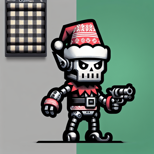 2d christmas evil robot elf with a gun Single Game Texture. In-Game asset. 2d. Blank background. High contrast. No shadows. Single Game Texture. In-Game asset. 2d. Blank background. High contrast. No shadows.