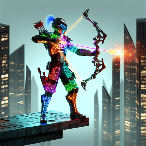 a cyberpunk archer with aiming plasma arrows.
Single Game Texture. In-Game asset. 2d. Blank background. High contrast. No shadows.