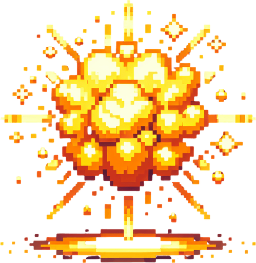 golden radial liquid cartoony puffed explosion. pixelated. 8 bit..
Single Game Texture. In-Game asset. 2d. Blank background. High contrast. No shadows.