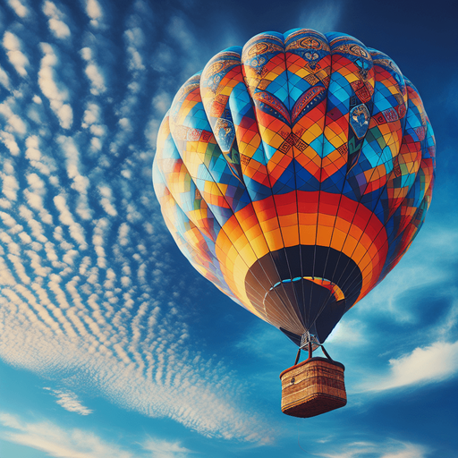 a full hot air balloon with a basket flying to the right.