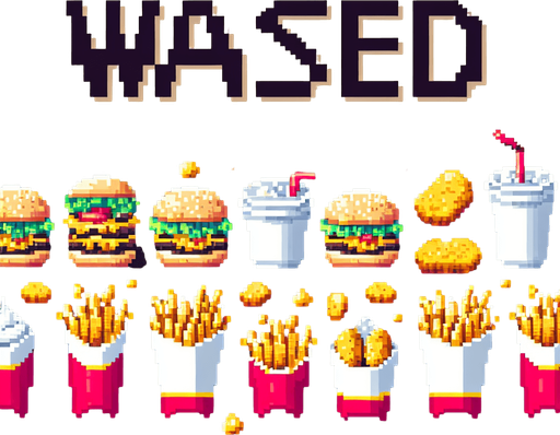 8-bit pixelated text saying "WASTED" against a fast food like burgers, fries and nuggets.
Single Game Texture. In-Game asset. 2d. Blank background. High contrast. No shadows.