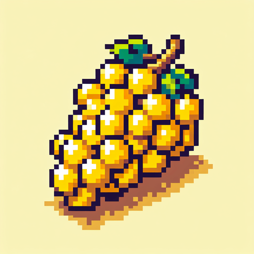 Pixel art of yellow grapes.
Single Game Texture. In-Game asset. 2d. Blank background. High contrast. No shadows.