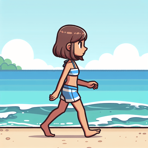 Create a cartoon-style illustration of a beach gooer walking on the beach, side profile.
Single Game Texture. In-Game asset. 2d. Blank background. High contrast. No shadows.