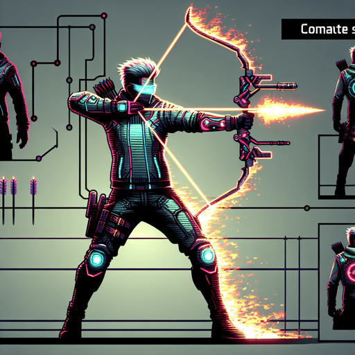 a cyberpunk archer with aiming plasma arrows.
Single Game Texture. In-Game asset. 2d. Blank background. High contrast. No shadows.