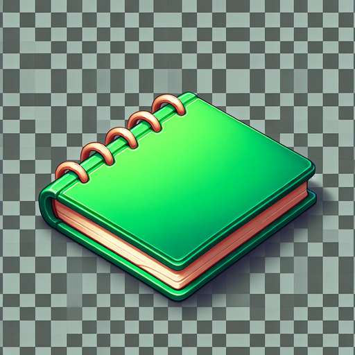 Green Notebook.
Single Game Texture. In-Game asset. 2d. Blank background. High contrast. No shadows.