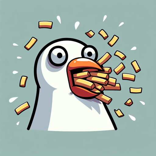 create a cartoon-style illustration of a seagul's face chomping down on fries make it comical..
Single Game Texture. In-Game asset. 2d. Blank background. High contrast. No shadows.