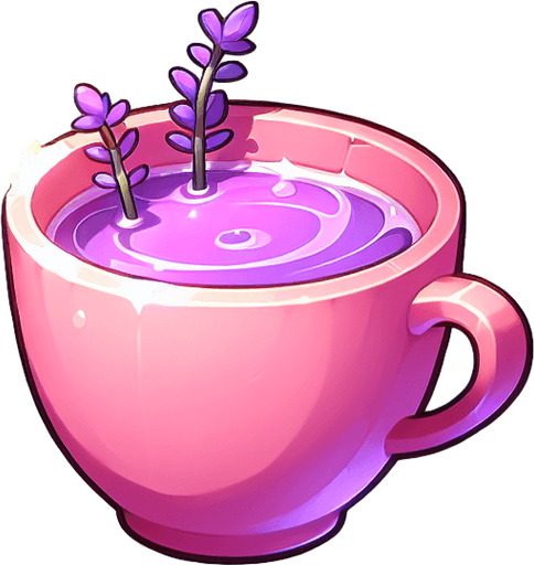 Lavender tea on pink cup Single Game Texture. In-Game asset. 2d. Blank background. High contrast. No shadows. Single Game Texture. In-Game asset. 2d. Blank background. High contrast. No shadows.