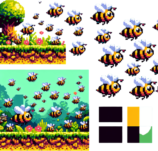 pixel art. some angry bees..
Single Game Texture. In-Game asset. 2d. Blank background. High contrast. No shadows.