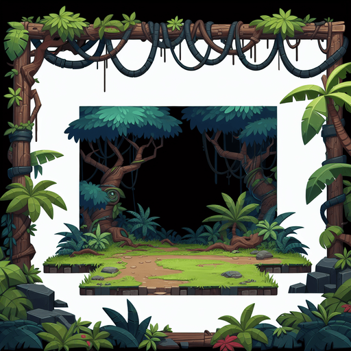 Jungle Scenic view. Open in the top
 Cartoon. Black background. Single Game Texture. In-Game asset. 2d. Blank background. High contrast. No shadows..
Single Game Texture. In-Game asset. 2d. Blank background. High contrast. No shadows.