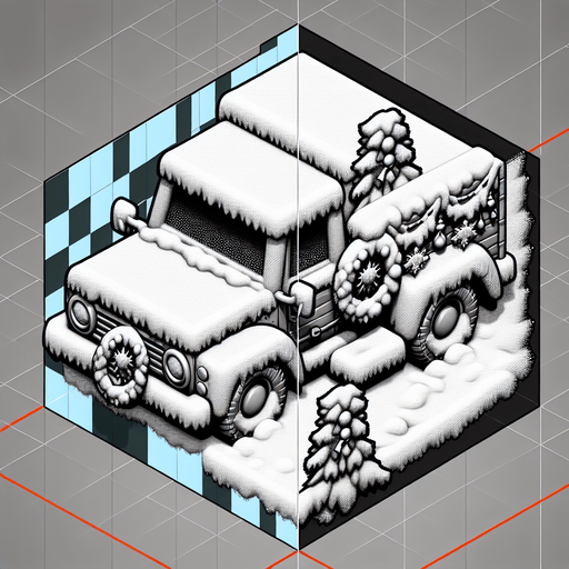 2d diagonal christmas car or truck in snow Single Game Texture. In-Game asset. 2d. Blank background. High contrast. No shadows.