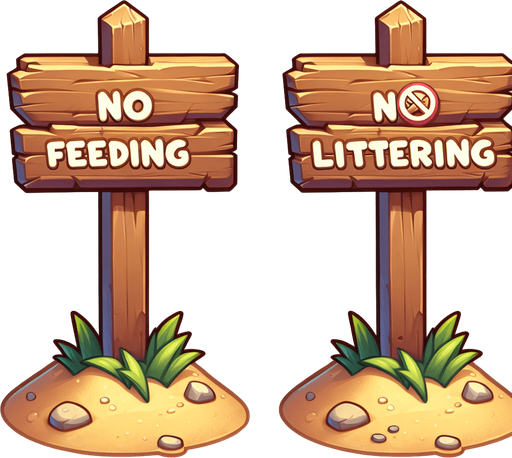 Create a cartoon-style illustration of a wooden no feeding and no littering sign on a sandy stake..
Single Game Texture. In-Game asset. 2d. Blank background. High contrast. No shadows.