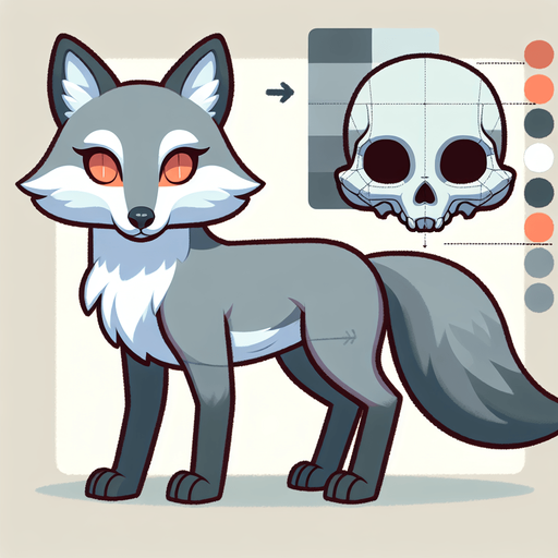 a fox with its skull visible on its right side of its head and grey fur with a pale orange on its eyes.
Single Game Texture. In-Game asset. 2d. Blank background. medium contrast. No shadows. cartoony. birdside view. full body. not facing the camera