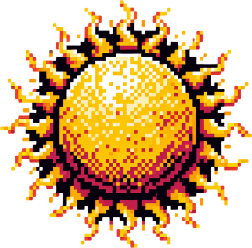 pixel art sun.
Single Game Texture. In-Game asset. 2d. Blank background. High contrast. No shadows.