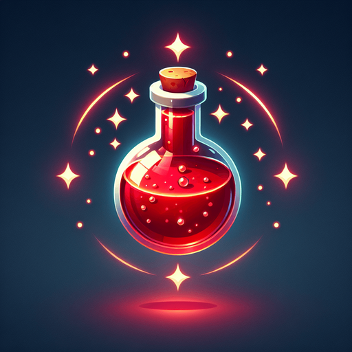 potion magique rouge.
Single Game Texture. In-Game asset. 2d. Blank background. High contrast. No shadows.