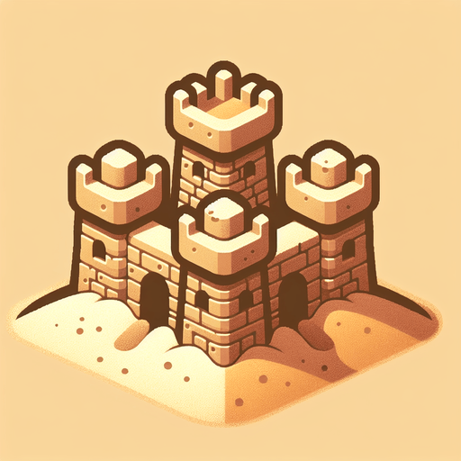 face view of a simple sandcastle with 2 flat towers on the sides and a central one a bit higher but flat too..
casual game style