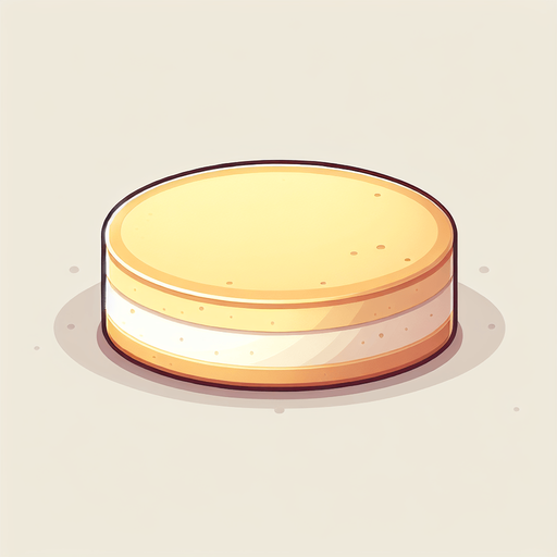 An undecorated flat round vanilla sponge cake.
Single Game Texture. In-Game asset. 2d. Blank background. High contrast. No shadows.