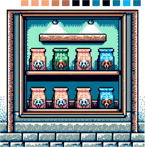 pixel art window with dog food bags displayed within it.
Single Game Texture. In-Game asset. 2d. Blank background.