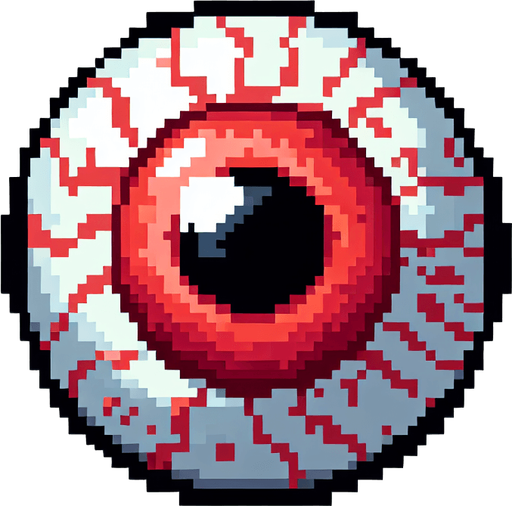 pixel art of a red eyeball.
Single Game Texture. In-Game asset. 2d. Blank background. High contrast. No shadows.