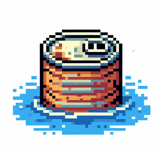 8 bit. cartoon. old open can. rusty . floating in the water.  in game asset. no background. Single Game Texture. In-Game asset. 2d. Blank background. High contrast. No shadows.